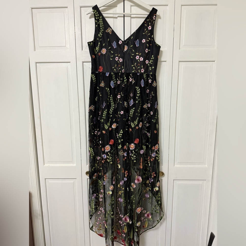 NWOT Adrianna Papell embroidered tulle v neck high low hem gown Fairy Grunge 14 - Picture 3 of 12
